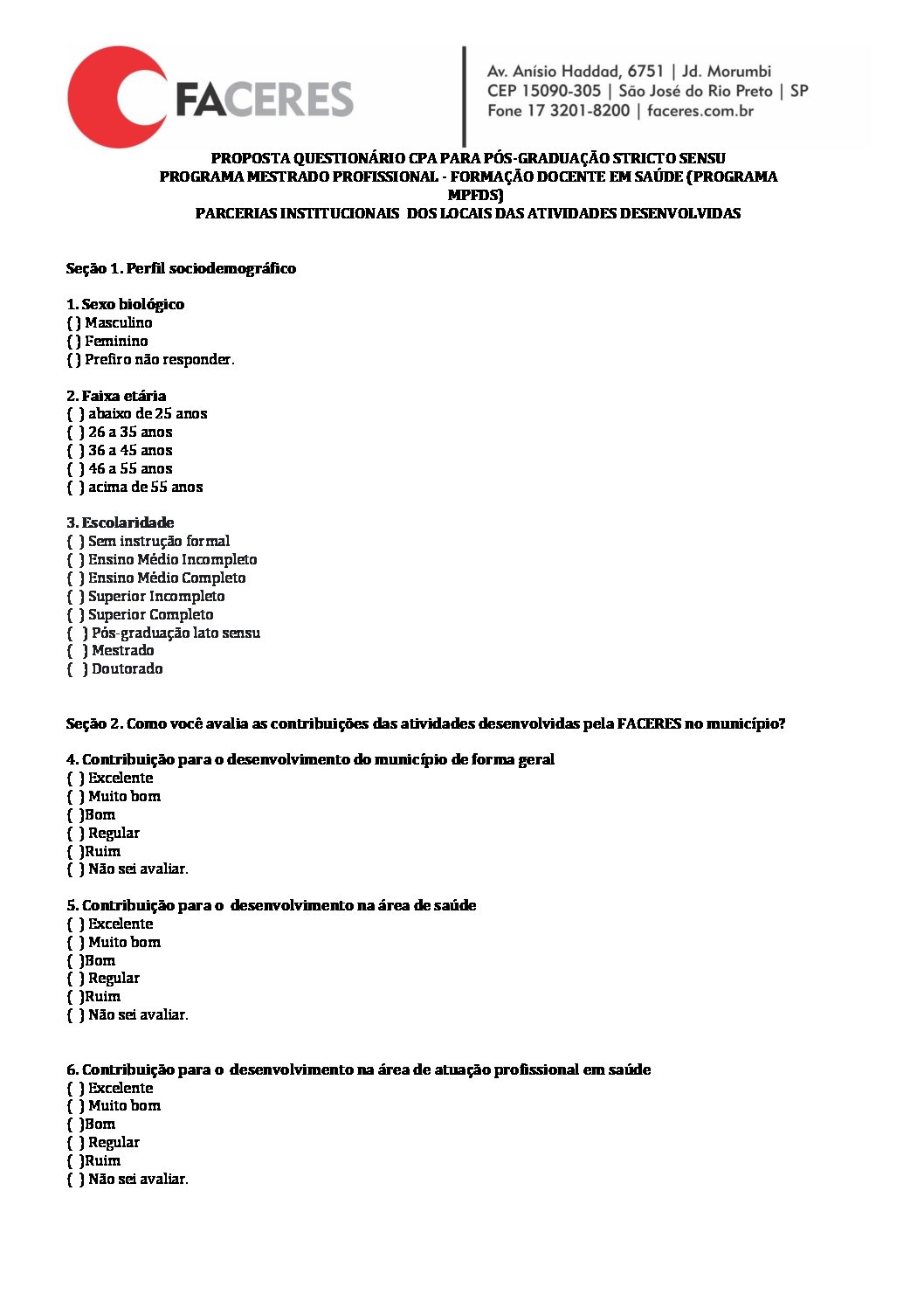 CPA Instrumento de coleta de dados parcerias institucionais - locais das  atividades desenvolvidas - Faculdade Faceres