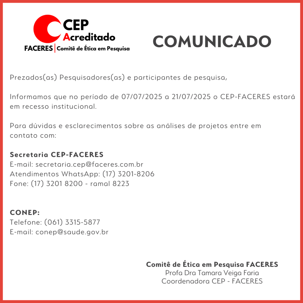 Comunicado CEP - Comitê de ética em Pesquisa da FACERES